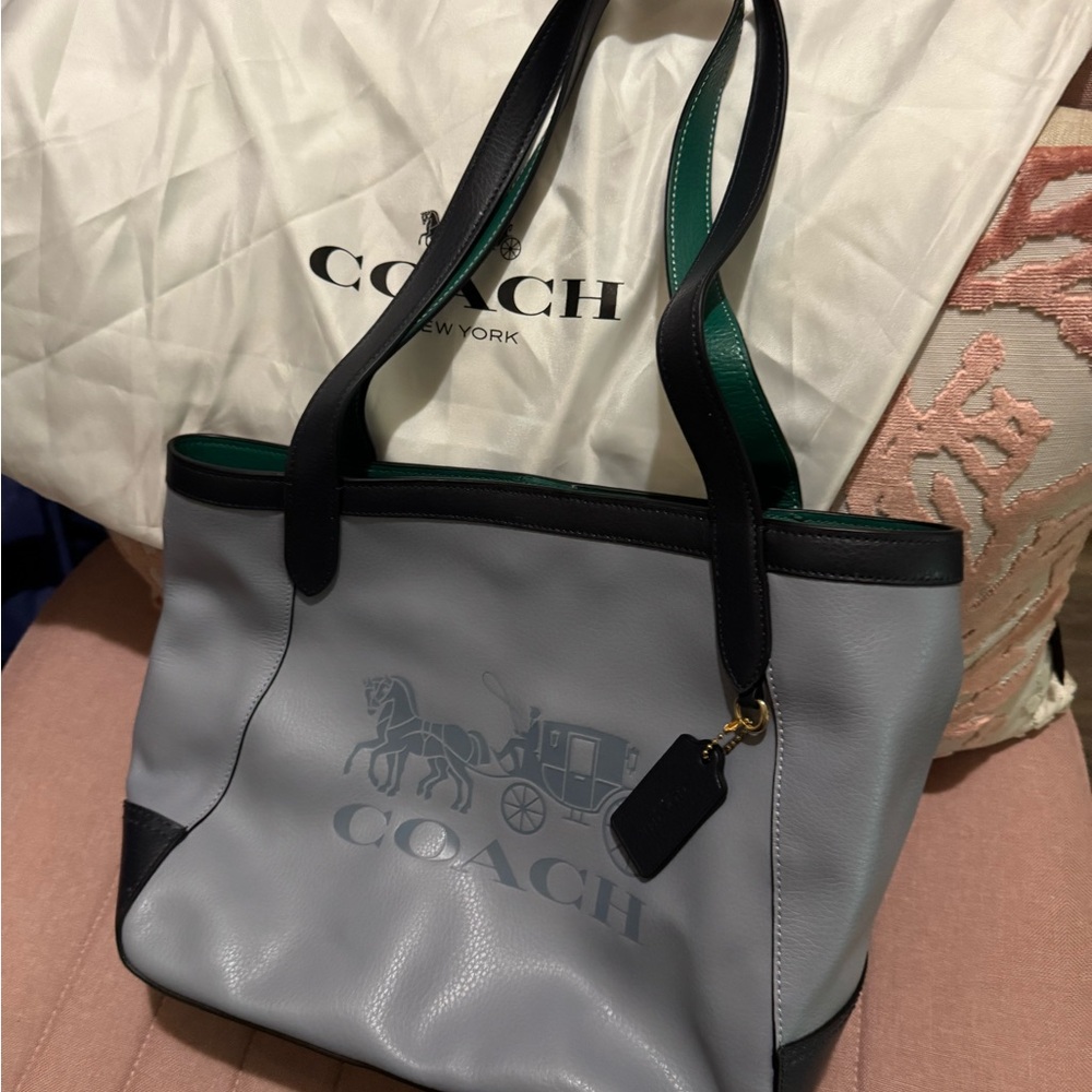 Coach Gray and Black Tote with Green Interior